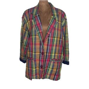 Vintage Plaid Blazer Women's Large Multicolor Made In India 1980s 100% Cotton